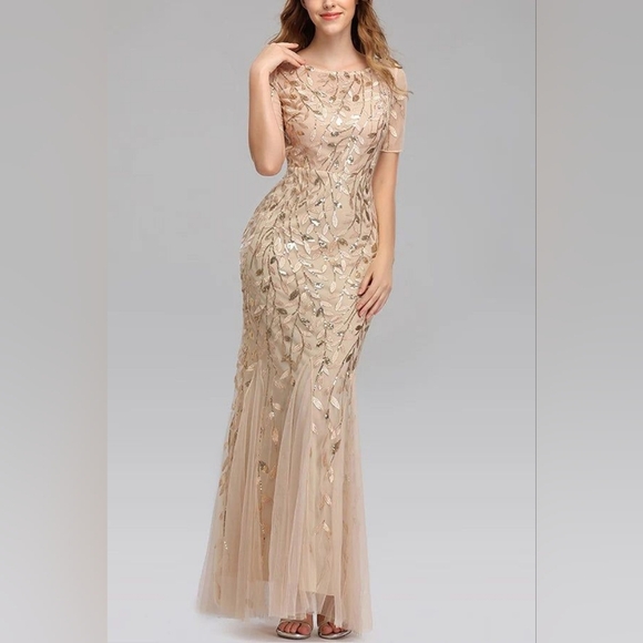 XUCTHHC Gold & Champagne Leaf Sequin Godet Gown - Picture 2 of 14